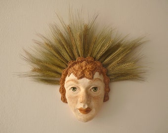 Handmade Ceramic Mask Sculpture: Folk Art Woman Portrait, Green Interior Decor