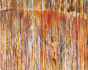 Original painting Oil on canvas figurative nude woman girl art gift forest landscape accent wall orange decor tree collection one of a kind