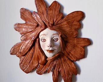 Brown leaves Original handmade ceramic white red clay mask portrait fine art one of a kind decor interior design gallery wall set collection