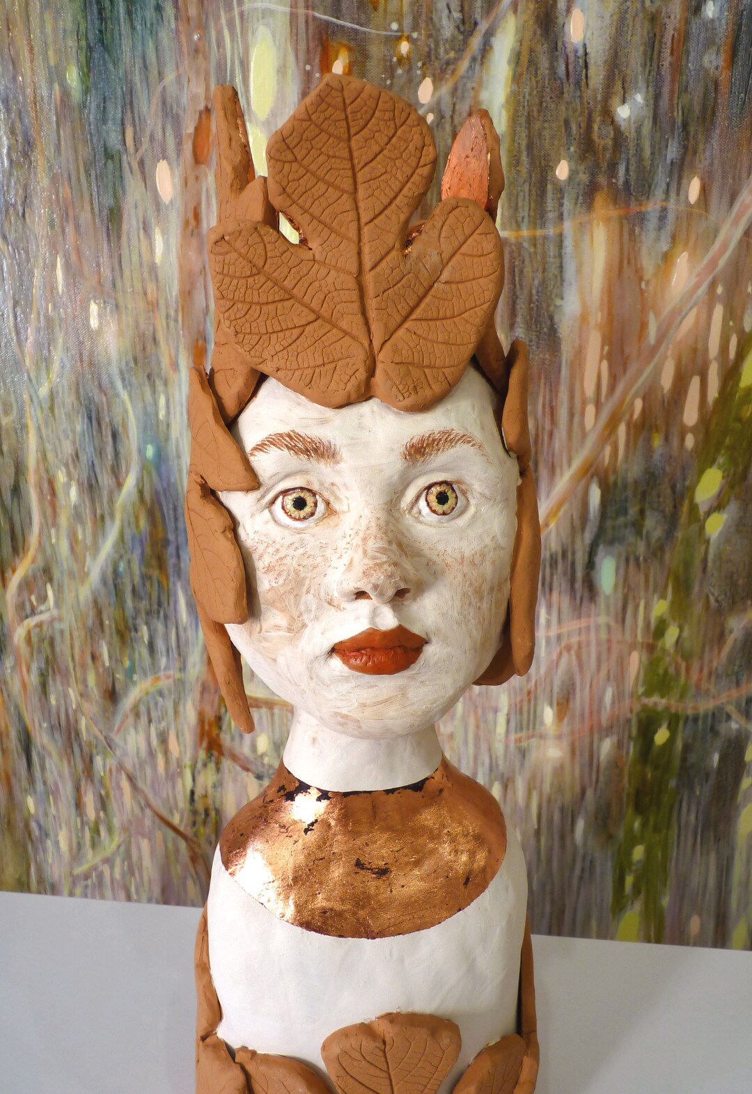 Original Handmade Large Ceramic Bust Copper Fig Leaves White Sculpture