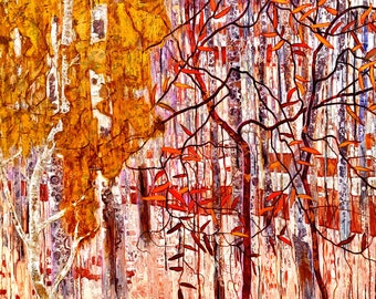 Original painting large artwork Oil on canvas autumn gold forest aspen modern fine art landscape orange red birch accent wall gift tree