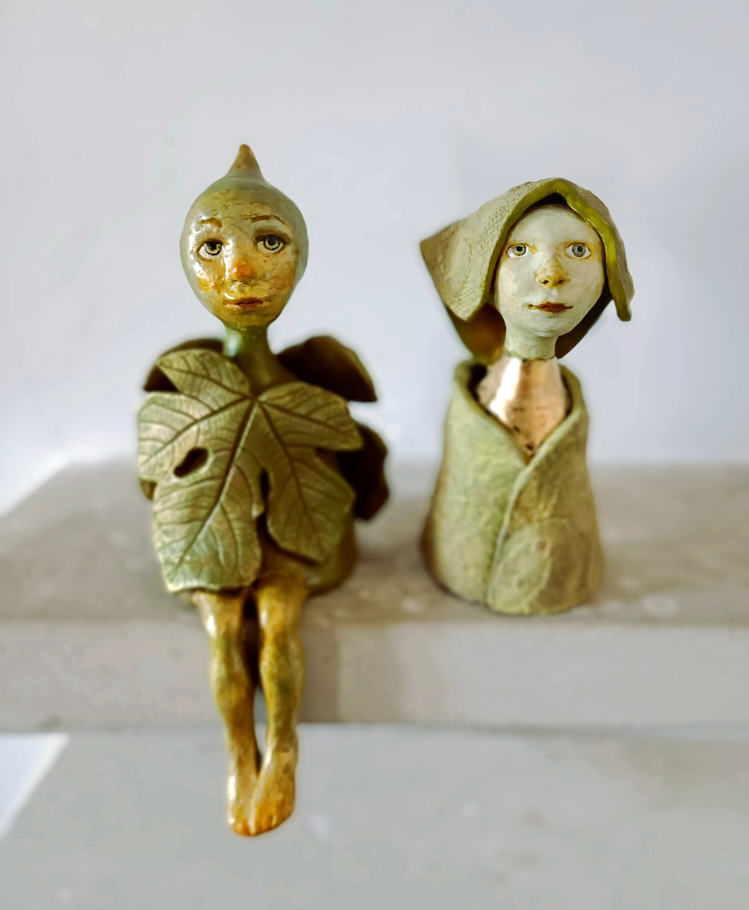 Original Handmade Ceramic Figurative Art Doll Green Fig Leaf
