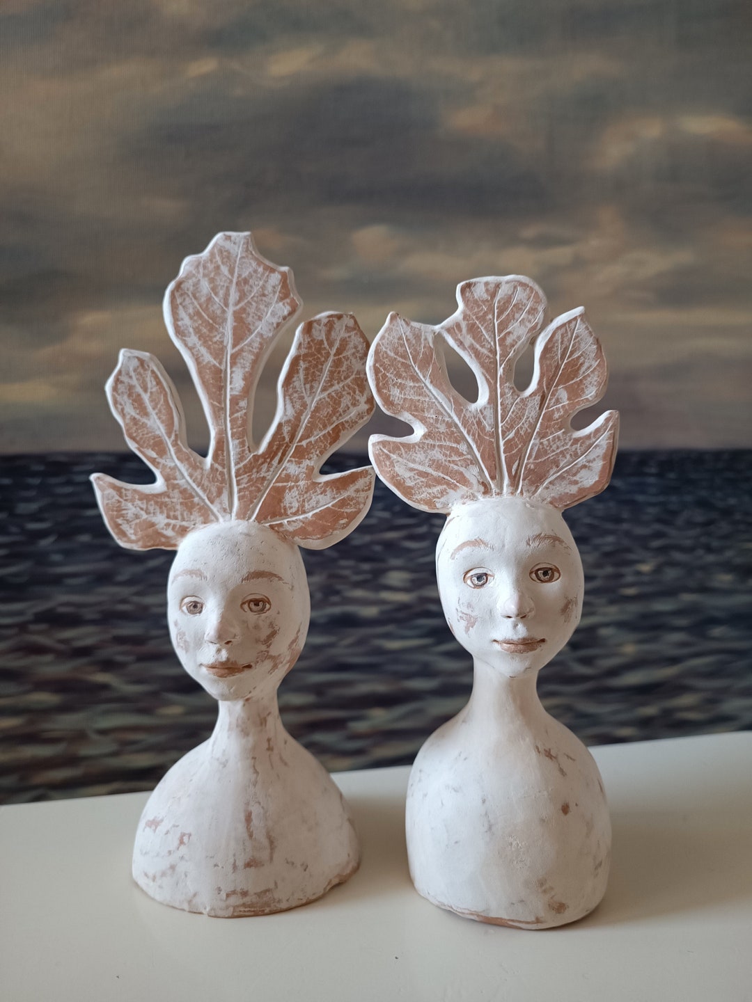 2 Sculptures Original Handmade Ceramic White and Red Clay Fig Leaf Bust