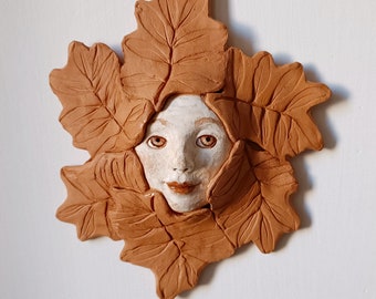 Brown leaves Original handmade ceramic white red clay mask portrait fine art one of a kind decor interior design gallery wall set collection