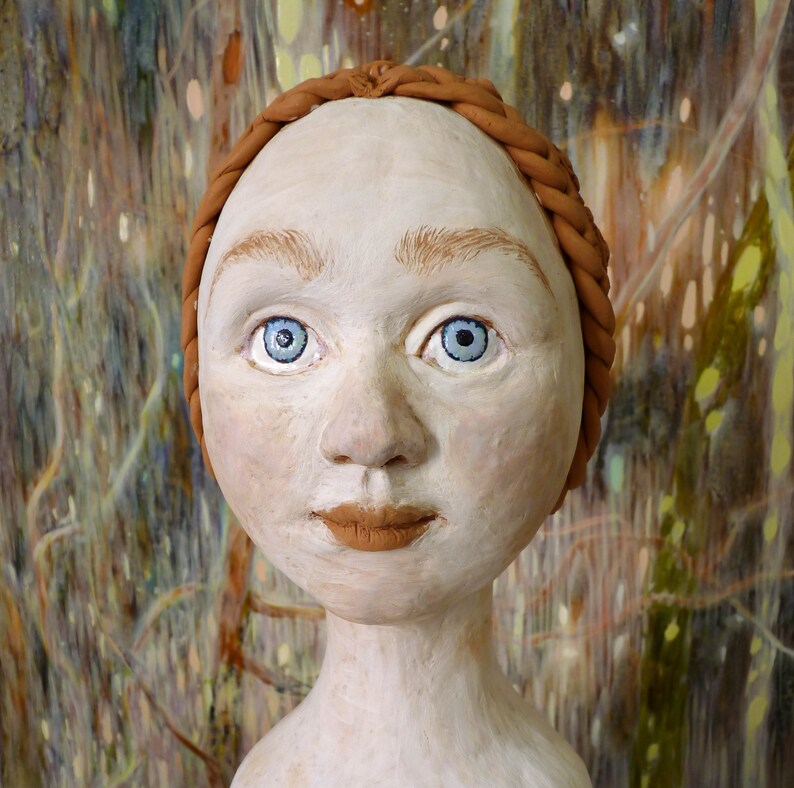 Original Handmade Ceramic Gold Fig Leaves White Sculpture Blue Eyes