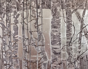 Forest lake finalist work of "COMEL Award 2023" Italy grey artwork silver colors metallic aspen fine art trees landscape accent wall birch