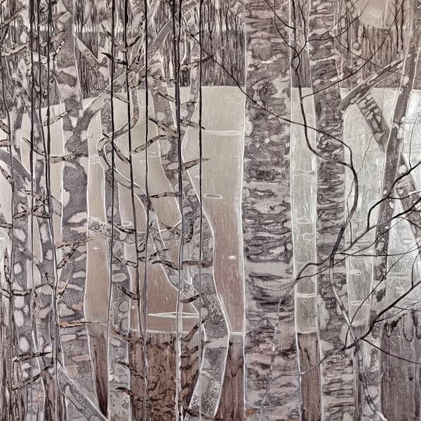 Forest lake finalist work of "COMEL Award 2023" Italy grey artwork silver colors metallic aspen fine art trees landscape accent wall birch