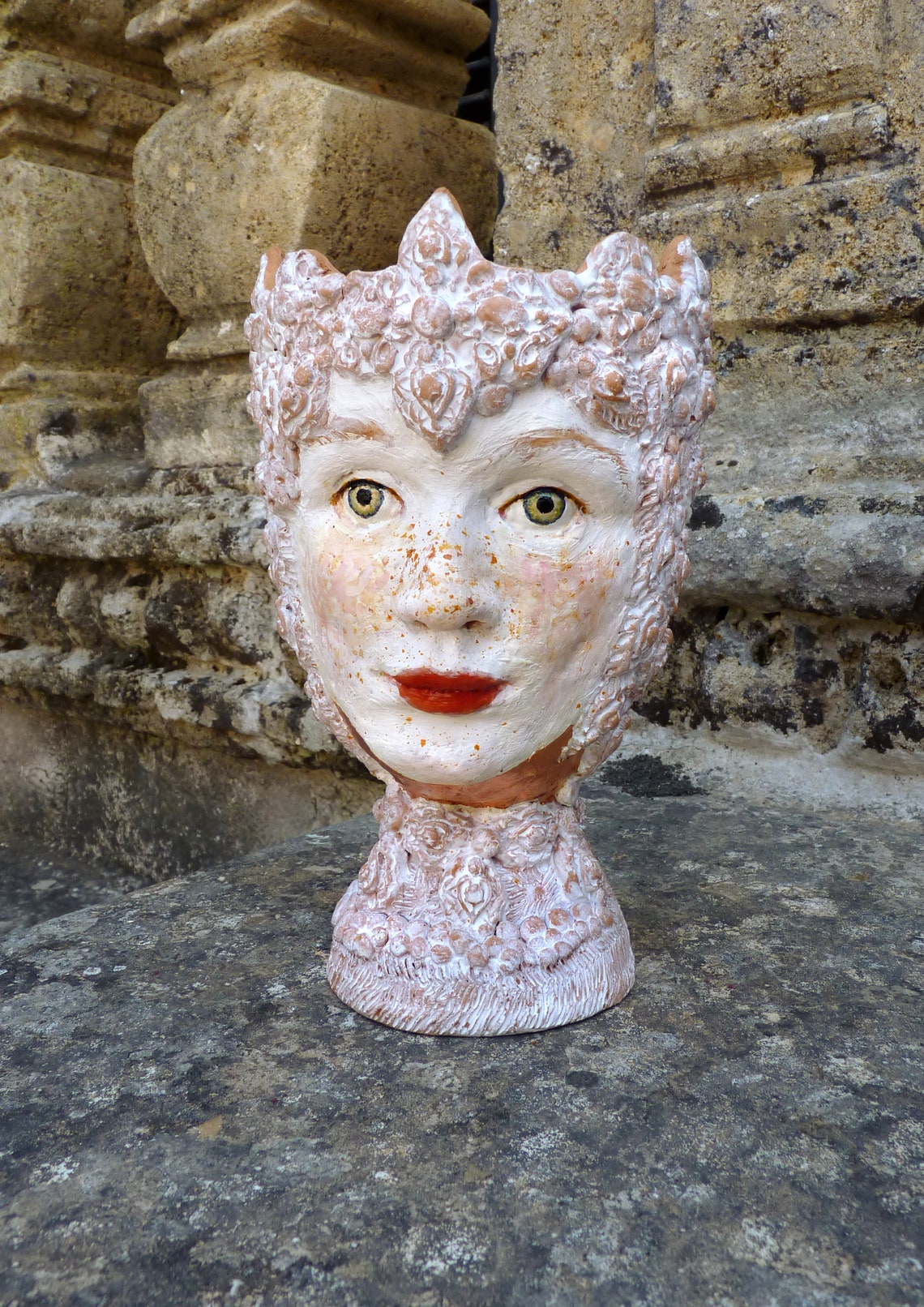 Original Handmade Ceramic Two Faces Vase White Mask Sculpture Portrait