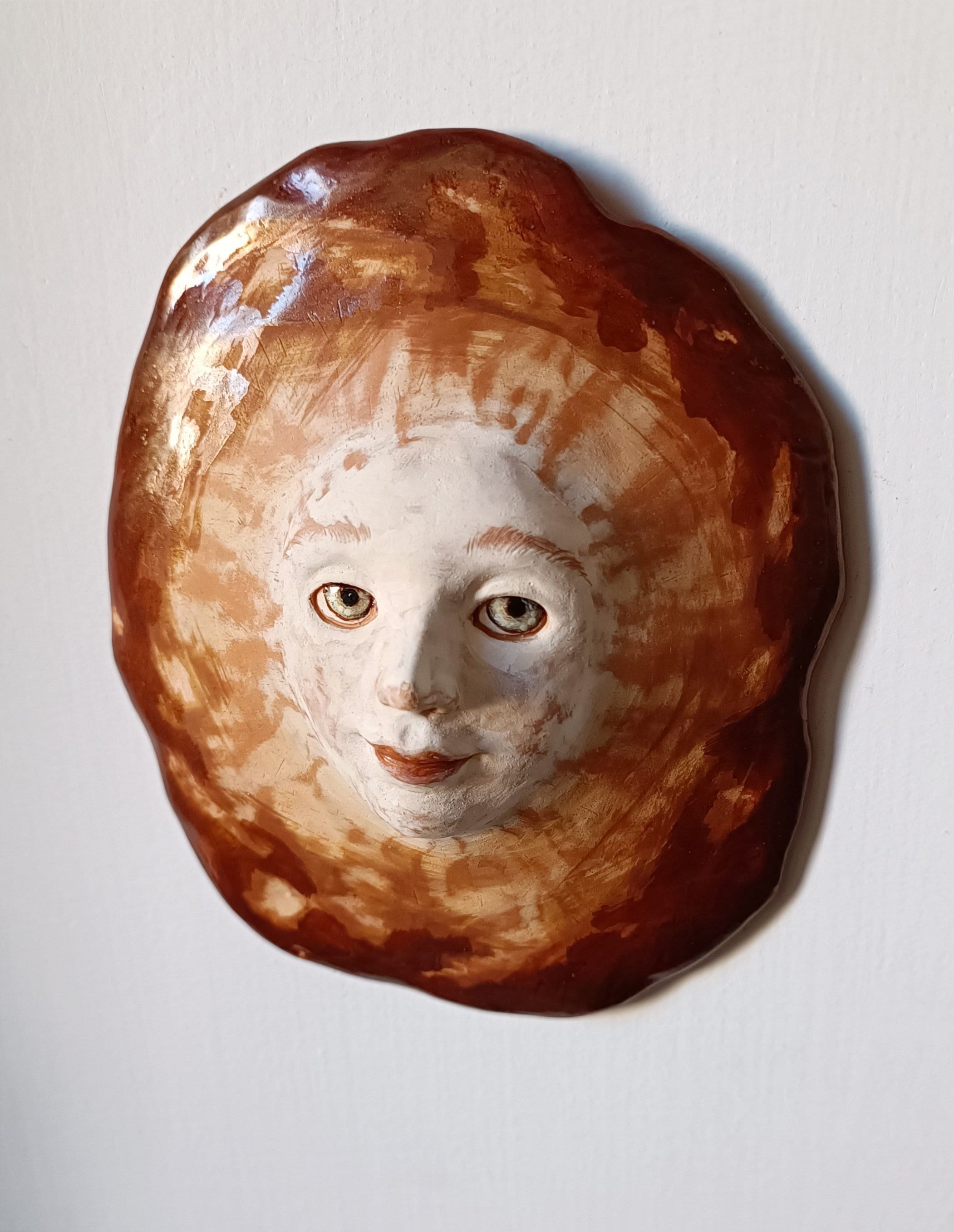 Sunny Original handmade ceramic white red clay round mask minimalism portrait head one of a kind design gallery wall set collection copper