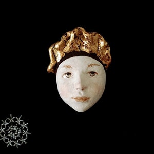 Original handmade ceramic white mask sculpture portrait face gold folk clay bohemian hippie lifestyle collectable fine art gift bomboniera