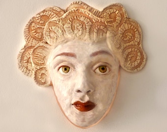 Original handmade ceramic white mask sculpture portrait face copper clay interior gallery wall set modern farmhouse boho design gift accent