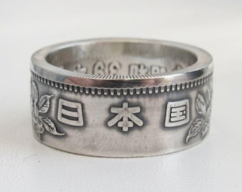 Japanese silver coin ring - Japan sterling silver 1964 coin ring - Japanese jewelry - Sakura on the ring