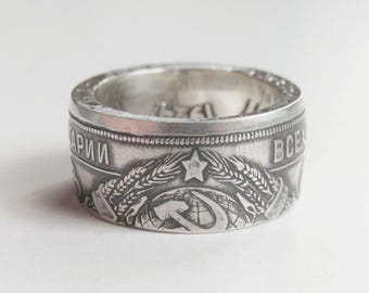 Muntring USSR - zilveren ring gemaakt van één roebel munt uit 1924 - zilveren muntring, dubbelzijdig, muntsieraden, ольца из монет