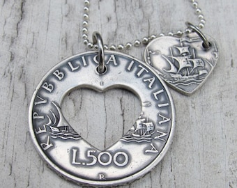 Collana con cuore in argento italiano - Gioielli italiani - Souvenir italiano - Gioielli con monete - Gioielli con monete italiane - Regalo con ciondolo italiano - Italia