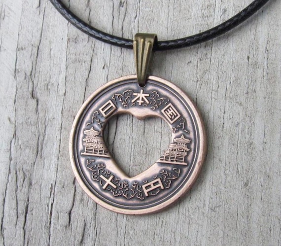 Japan coin heart necklace - Japanese jewelry - Japanese pendant - Gift from Japan- coin travel gift- Coin jewelry - Japanese souvenir