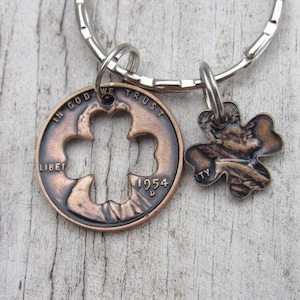70th Birthday 1954 Clover Lucky Penny  Keychain 70th Anniversary 70th Birthday Gift Gift made from a 1954 U.S One cent  Coin Jewelry