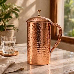 Koperen Waterkan met Deksel – Handgehamerd – Puur Koper – Handgemaakt Keukencadeau | 1,5 liter