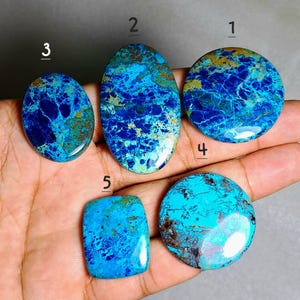 Puede incluir: Cinco piedras preciosas de azurita pulidas en varias formas: ovalada, redonda y cuadrada. Las piedras muestran una vibrante mezcla de tonos azul oscuro y turquesa con patrones intrincados e inclusiones marrones. Las piedras preciosas se sostienen en una mano.