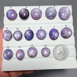 Puede incluir: Una colección de piedras preciosas redondas y pulidas en tonos morados y lavanda, dispuestas sobre una base blanca. Las piedras preciosas varían en tamaño y tienen patrones únicos. Se incluye una moneda para la comparación de tamaños.