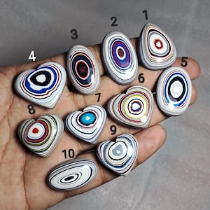 May include: A selection of ten polished stones in diverse shapes, including oval and heart, featuring concentric patterns of white, black, red, and blue. The stones are held in a hand, displaying their unique designs and colours.