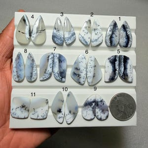 May include: A collection of eleven pairs of dendritic agate cabochons in various shapes, including teardrop, oval, and square. The stones display white, gray, and black patterns. A quarter is included for size reference.
