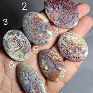 Könnte beinhalten: Sechs ovale Edelsteine mit unterschiedlichen Mustern und Farben. Die Steine weisen eine Mischung aus roten, grünen und weißen Farbtönen mit komplizierten, natürlichen Designs auf. Die Edelsteine werden in einer Hand gehalten, wodurch ihre polierten Oberflächen zur Geltung kommen.