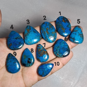 Puede incluir: Una colección de diez piedras preciosas pulidas de varias formas, incluyendo ovaladas y en forma de lágrima. Las piedras son de un azul vibrante con vetas marrones y doradas. Las piedras preciosas están numeradas del 1 al 10.