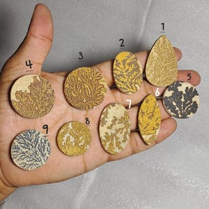 Puede incluir: Una mano muestra nueve piedras pulidas con patrones únicos. Las piedras, de formas variadas (ovaladas, redondas), presentan diseños intrincados en forma de ramas, en tonos marrón, amarillo y gris sobre un fondo beige. Cada piedra está numerada.