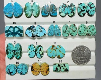 May include: A collection of turquoise gemstones in various shapes, including oval, teardrop, and square. The stones display a range of blue and green hues with dark matrix patterns. A US quarter is included for size reference.