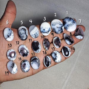 May include: A collection of nineteen polished dendritic agate gemstones in various oval and teardrop shapes. The stones feature white, gray, and black patterns, with some displaying unique inclusions. The gemstones are displayed on a hand.