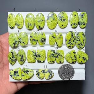 May include: A collection of various shaped gemstones, primarily oval and rectangular, in shades of lime green with black inclusions. The gemstones are arranged on a white surface, with a US quarter coin for size comparison. The gemstones are numbered.