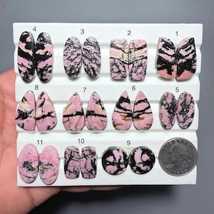 K&ouml;nnte beinhalten: Verschiedene polierte Rhodonit-Edelsteine in verschiedenen Formen, darunter ovale, tropfenf&ouml;rmige und rechteckige. Die Steine zeigen eine rosa Grundfarbe mit schwarzen Adern. Eine M&uuml;nze dient als Gr&ouml;&szlig;envergleich. (Ma&szlig;e in cm)