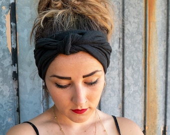 Bandeau à cheveux à nouer pour femmes et hommes en coton (biologique) avec chanvre en noir légèrement élastique au look flammé doux