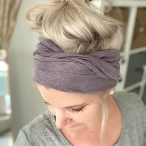 Elastique à cheveux à nouer en gris clair/lilas en coton biologique avec chanvre légèrement élastique au look flammé doux image 5