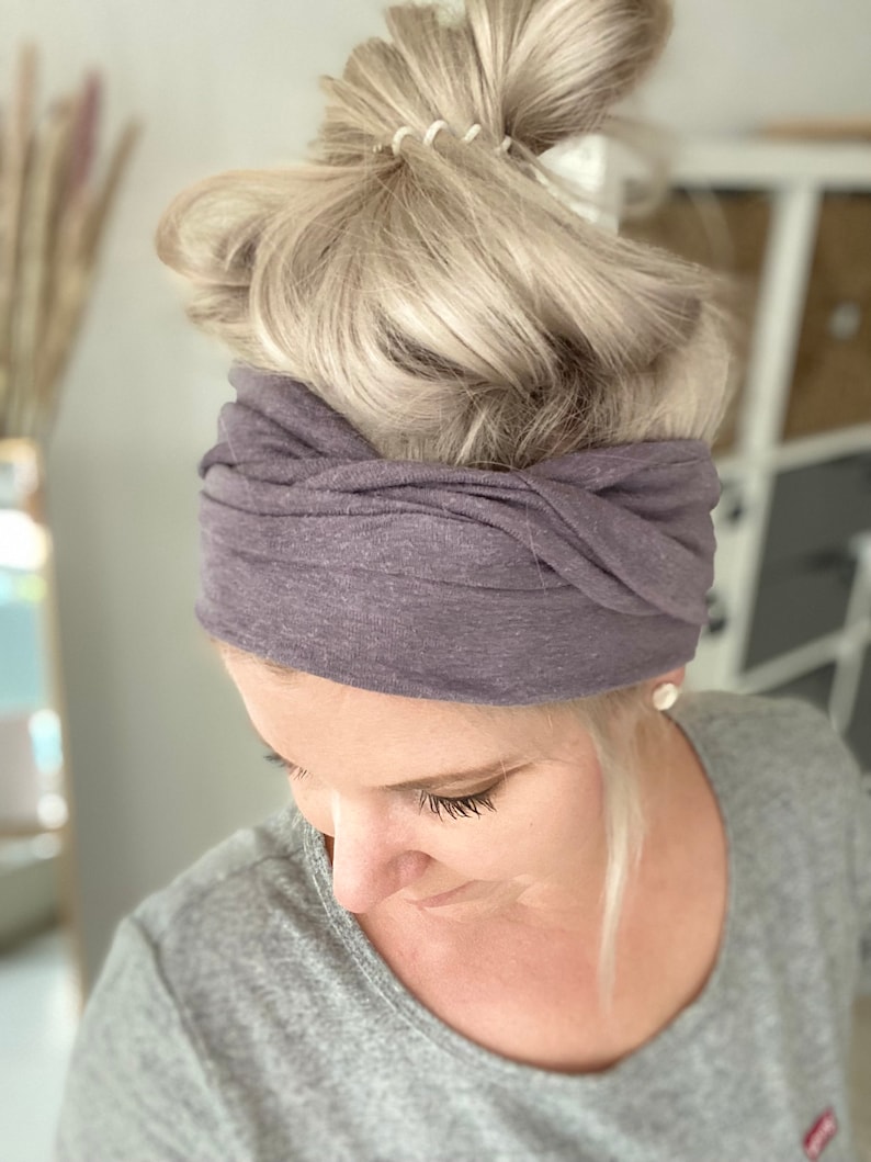 Hair band to tie yourself in light grey/lilac made of cotton organic with hemp is slightly elastic in a soft slub look image 5