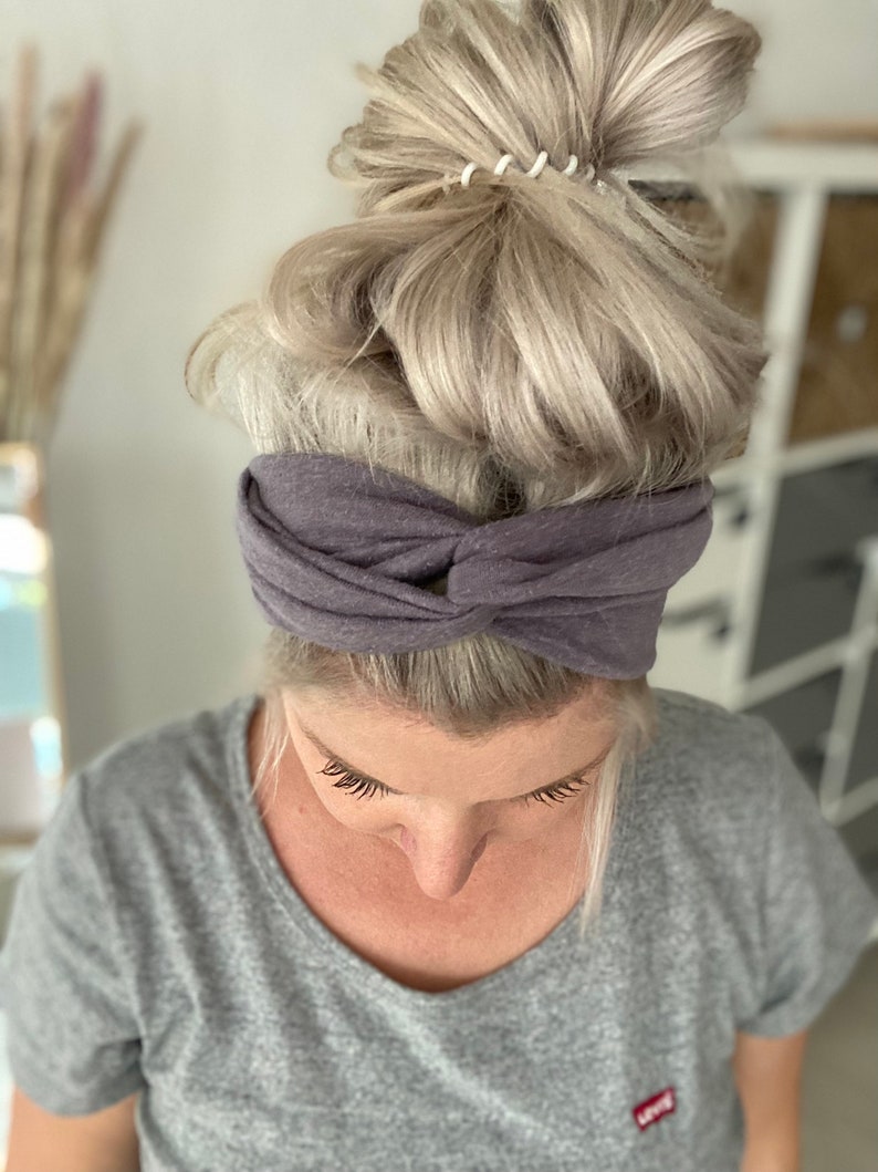 Elastique à cheveux à nouer en gris clair/lilas en coton biologique avec chanvre légèrement élastique au look flammé doux image 8