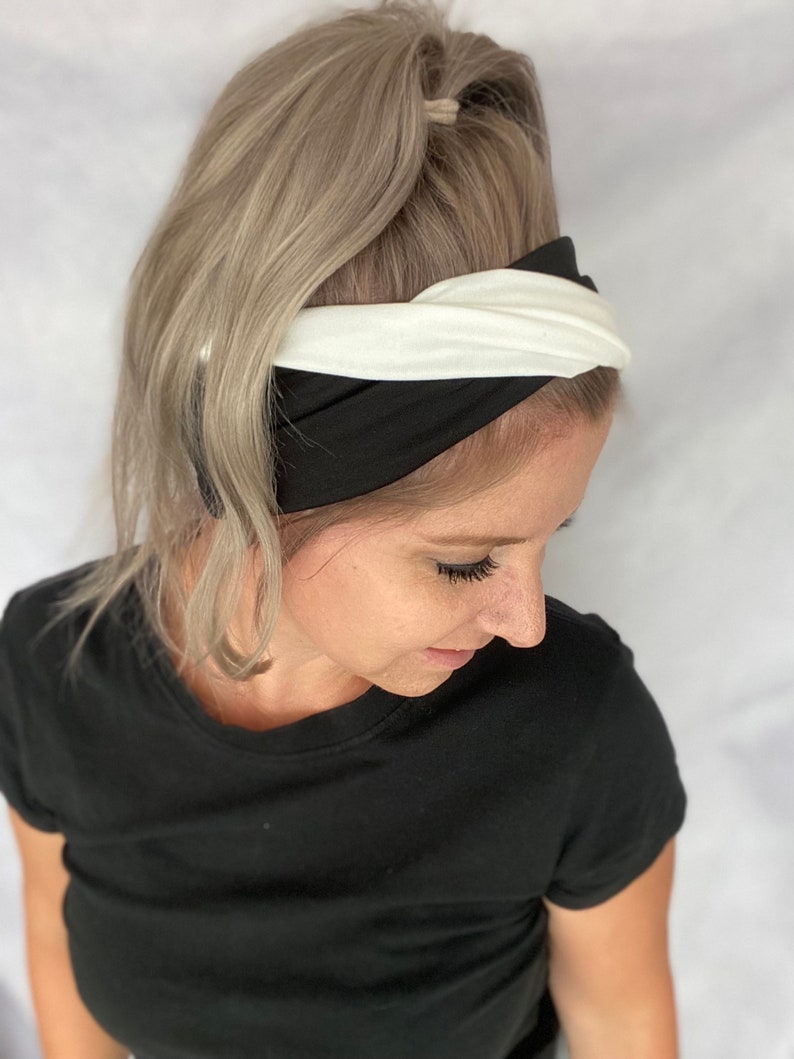 Nouélina knot hairband black and white, three styles in one, soft and shiny, can be worn with a knot or in a turban look image 8