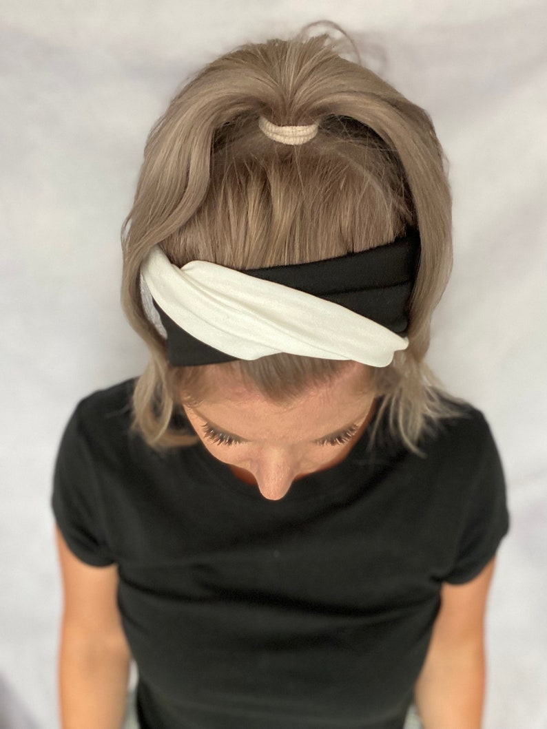 Nouélina knot hairband black and white, three styles in one, soft and shiny, can be worn with a knot or in a turban look image 2