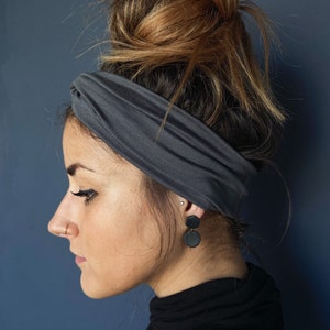 Nouélina knotted hairband soft and shiny, dark grey, can be worn with a knot or in a turban look