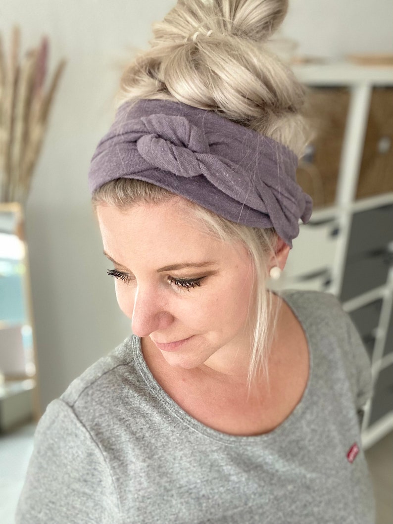 Elastique à cheveux à nouer en gris clair/lilas en coton biologique avec chanvre légèrement élastique au look flammé doux image 7