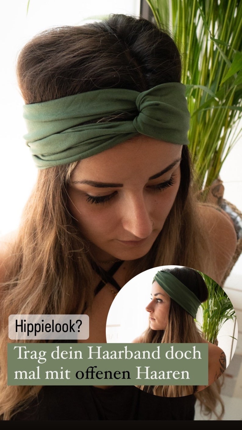 Nouélina Knotenhaarband aus weichem dünnen Stoff in moosgrün mit Knoten oder ohne im Turbanlook tragbar Bild 2