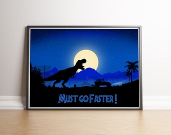 T-Rex Jeep Chase, Jurassic Art, Dinosaur art, movie art, home decor, Minimalist art