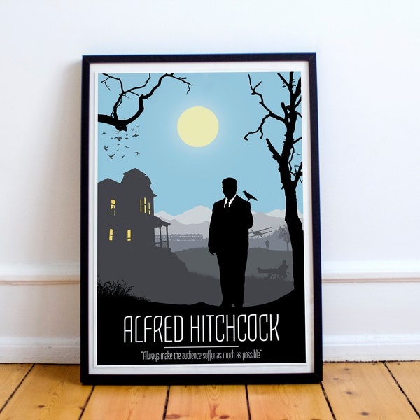 Alfred Hitchcock Poster, Director art, Directors Cut Range, Horror movie poster, horror movie art, horror films, psycho poster