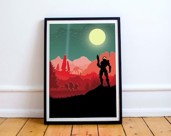 The Chief Video Game Poster, gaming art, minimalist, Video game poster, video game print, computer game art, gamer gift