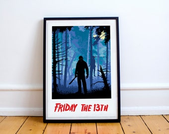 Friday the 13th Art, horror movie art, horror film poster, scary movie artwork, minimalist, retro print, Halloween art