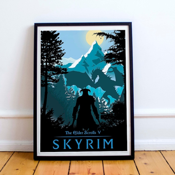 Affiche Skyrim, minimaliste, affiches, impression de jeu, affiche de jeu, art de jeu vidéo, art de jeu informatique, parchemins de sureau