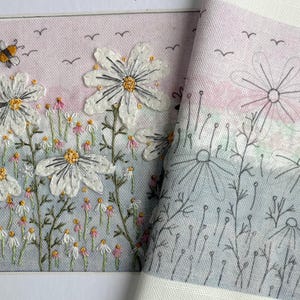 Daisy & Bee Hand Embroidery Fabric Panel: Pre-Printed Colour Linen/Cotton Fabric with stitch guide