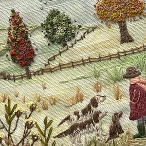 Dog Walk Embroidery Pre-Printed Fabric, Autumn stitching, Stitch Guide Included