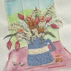 Cornish Blue Jug and Spring Flowers Embroidery Kit : Pre printed Fabric, Threads, Mount