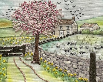 Spring in the Yorkshire Dales, Pre Printed colour Fabric Pattern, Includes stitch guide